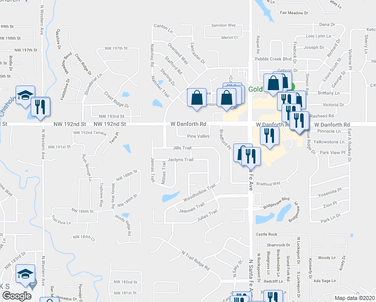 map of restaurants, bars, coffee shops, grocery stores, and more near 2700 Jills Trail in Edmond