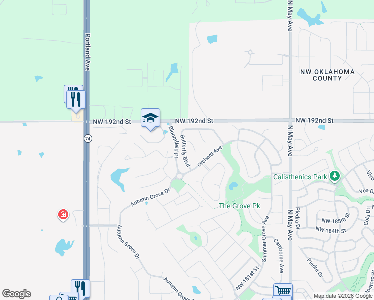 map of restaurants, bars, coffee shops, grocery stores, and more near 19108 Butterfly Boulevard in Edmond