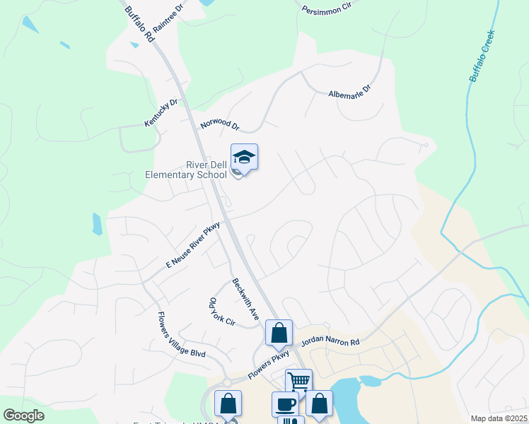 map of restaurants, bars, coffee shops, grocery stores, and more near 124 East Neuse River Parkway in Clayton