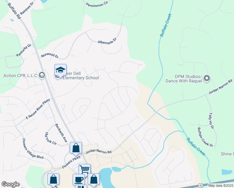 map of restaurants, bars, coffee shops, grocery stores, and more near River Dell Townes Avenue in Johnston County