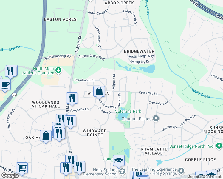 map of restaurants, bars, coffee shops, grocery stores, and more near 201 Milpass Drive in Holly Springs