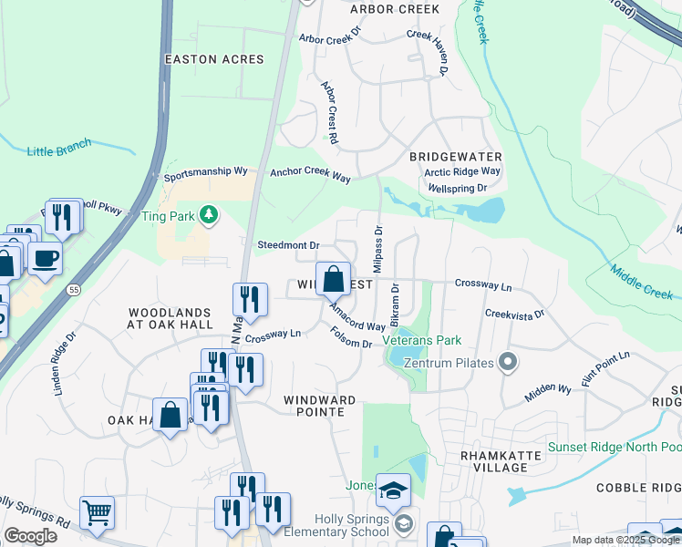 map of restaurants, bars, coffee shops, grocery stores, and more near 232 Trayesan Drive in Holly Springs