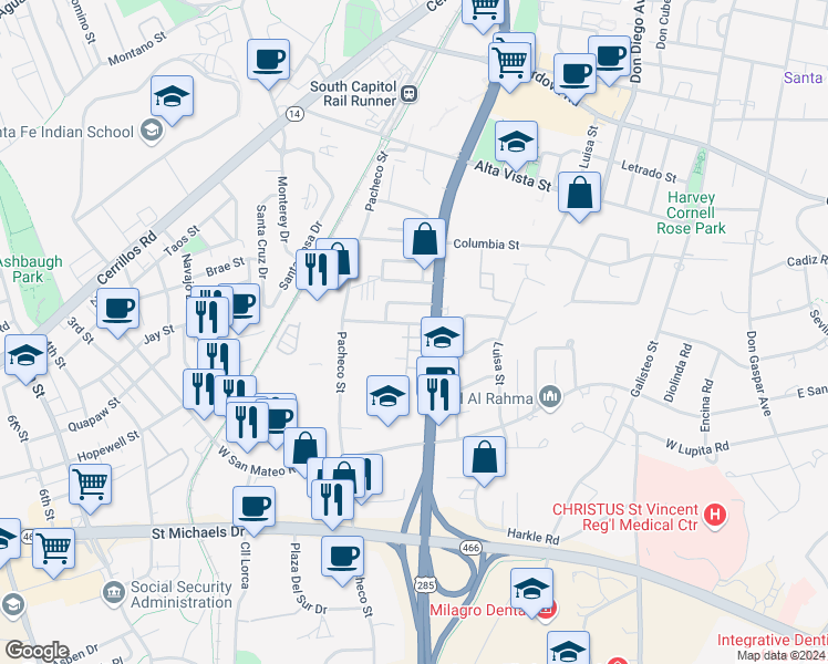 map of restaurants, bars, coffee shops, grocery stores, and more near 1440b South Saint Francis Drive in Santa Fe