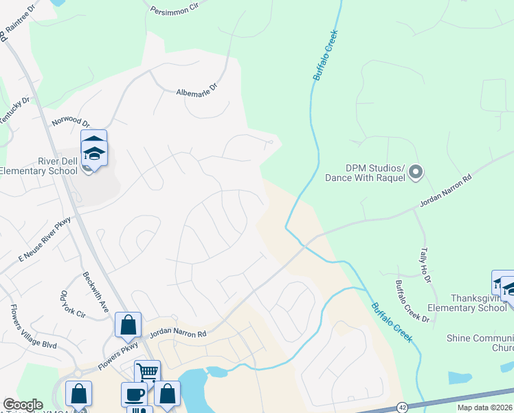 map of restaurants, bars, coffee shops, grocery stores, and more near 419 North Great White Way in Clayton