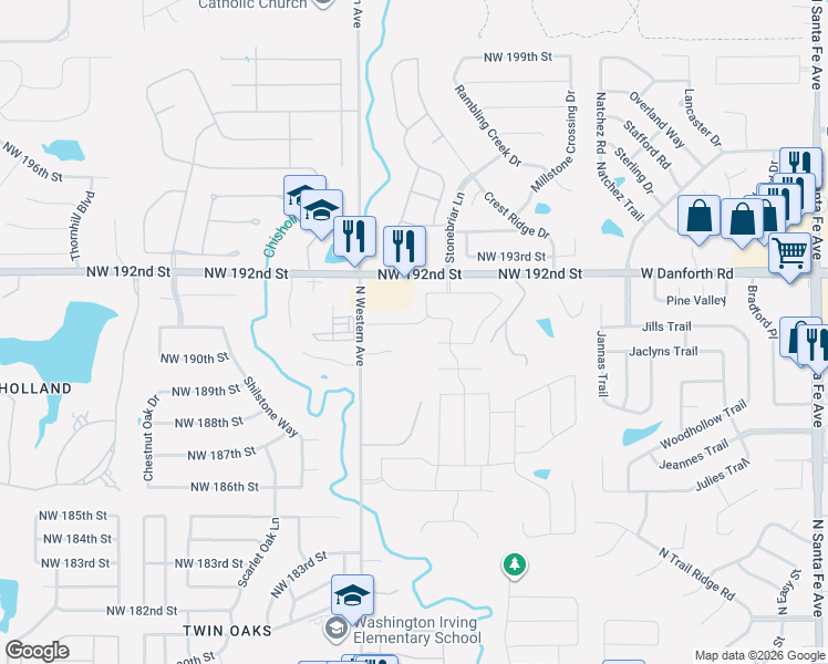 map of restaurants, bars, coffee shops, grocery stores, and more near 1004 Northwest 191st Street in Edmond