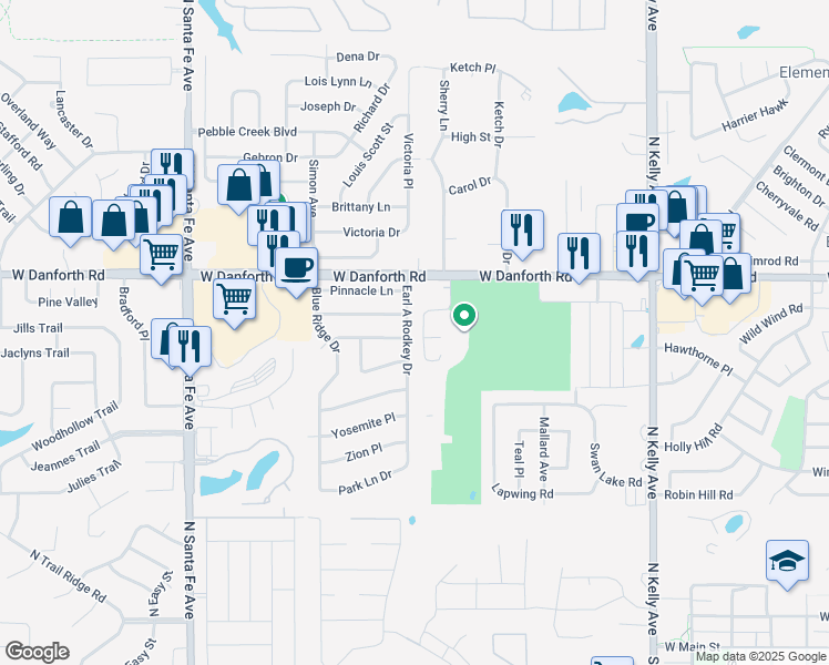 map of restaurants, bars, coffee shops, grocery stores, and more near 1100 Earl A Rodkey Drive in Edmond