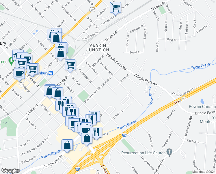 map of restaurants, bars, coffee shops, grocery stores, and more near 717 East Franklin Street in Salisbury