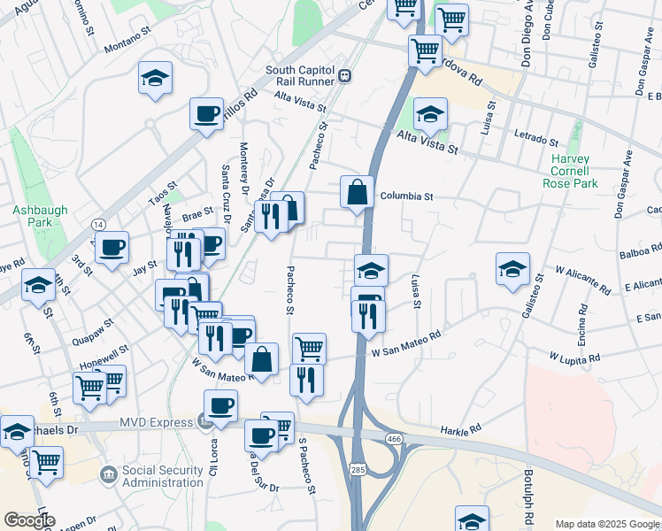 map of restaurants, bars, coffee shops, grocery stores, and more near 826 Camino De Monte Rey in Santa Fe
