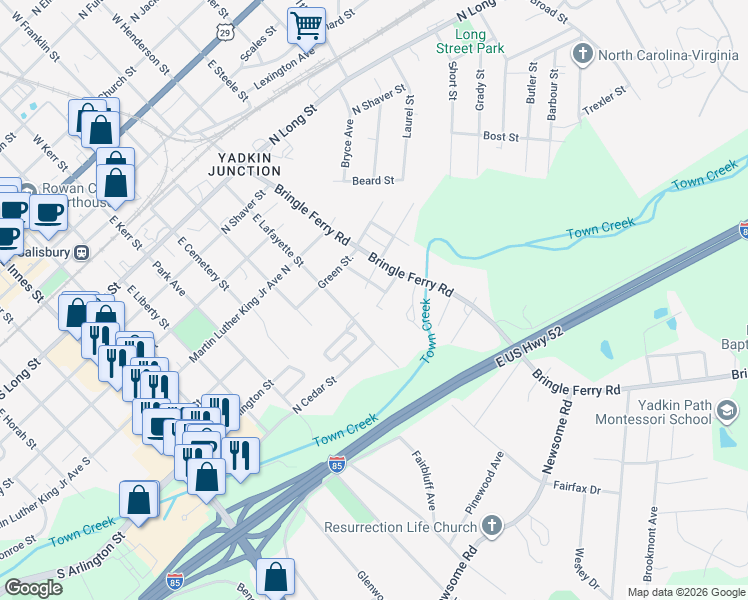 map of restaurants, bars, coffee shops, grocery stores, and more near 710 Hayden Street in Salisbury