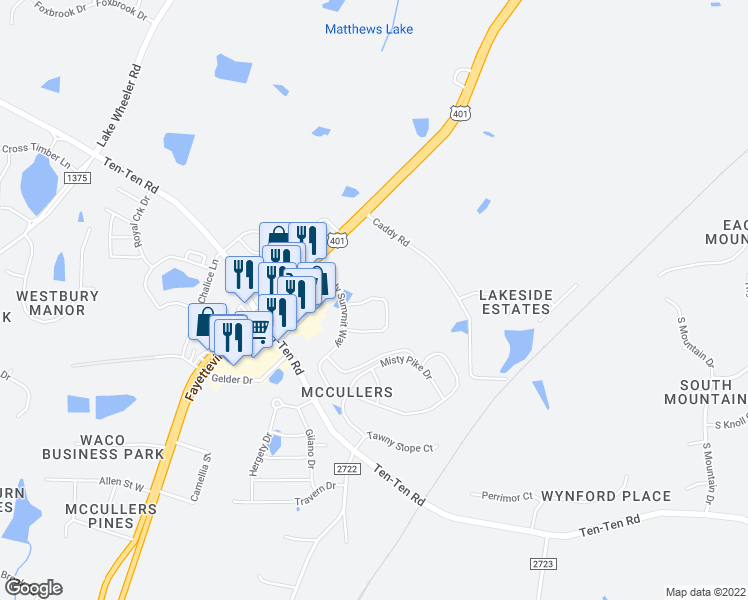 map of restaurants, bars, coffee shops, grocery stores, and more near 400 Gentle Stream Lane in Raleigh