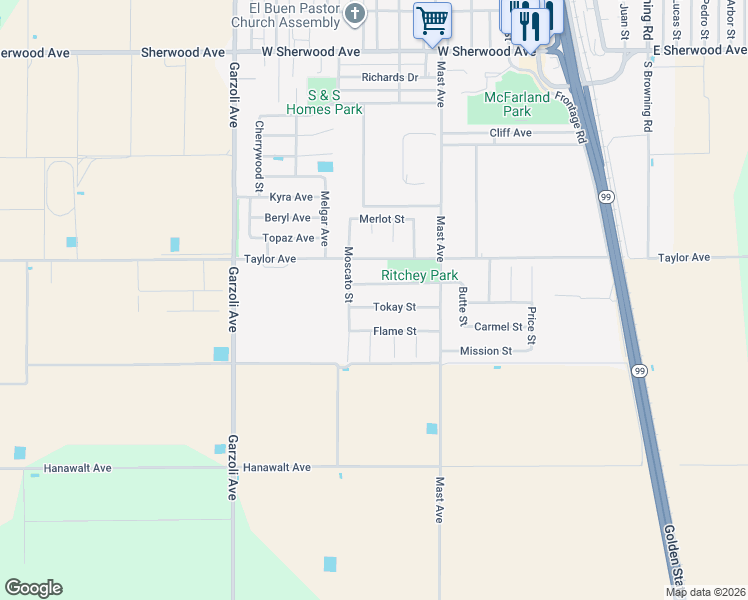map of restaurants, bars, coffee shops, grocery stores, and more near 598 Tokay Street in McFarland