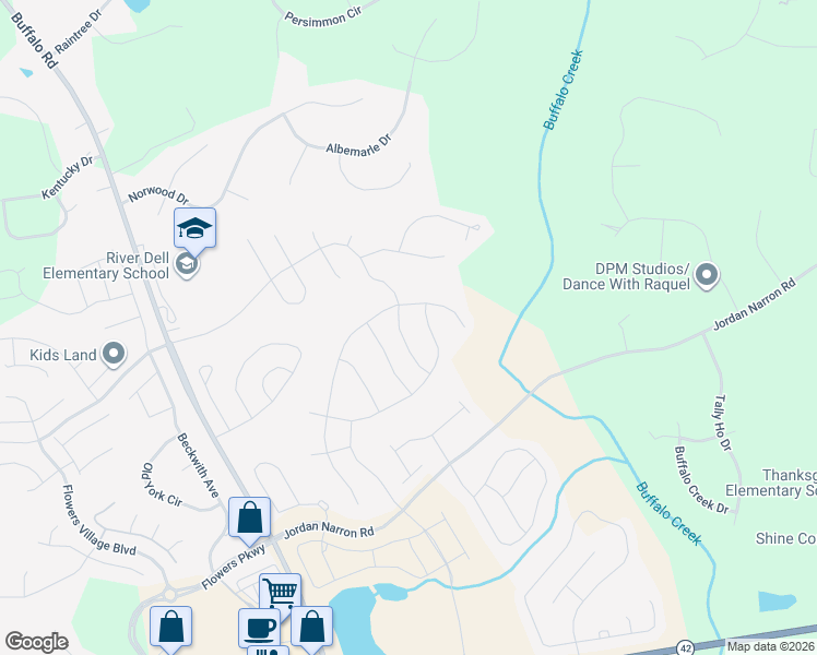 map of restaurants, bars, coffee shops, grocery stores, and more near 725 River Dell Townes Avenue in Clayton