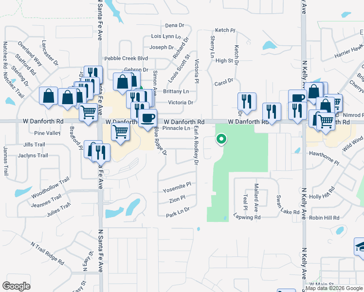 map of restaurants, bars, coffee shops, grocery stores, and more near 1013 Glacier Lane in Edmond