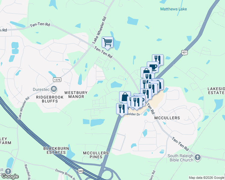 map of restaurants, bars, coffee shops, grocery stores, and more near 5004 Megara Run in Raleigh