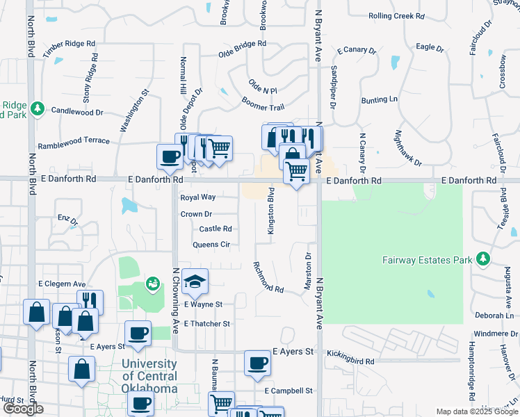 map of restaurants, bars, coffee shops, grocery stores, and more near 1104 Richmond Road in Edmond