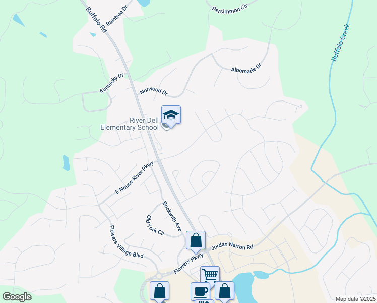 map of restaurants, bars, coffee shops, grocery stores, and more near 124 East Neuse River Parkway in Clayton