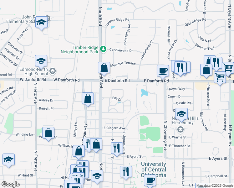 map of restaurants, bars, coffee shops, grocery stores, and more near 325 Enz Drive in Edmond