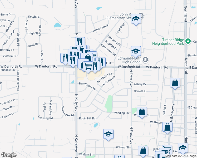 map of restaurants, bars, coffee shops, grocery stores, and more near 525 Wild Wind Road in Edmond