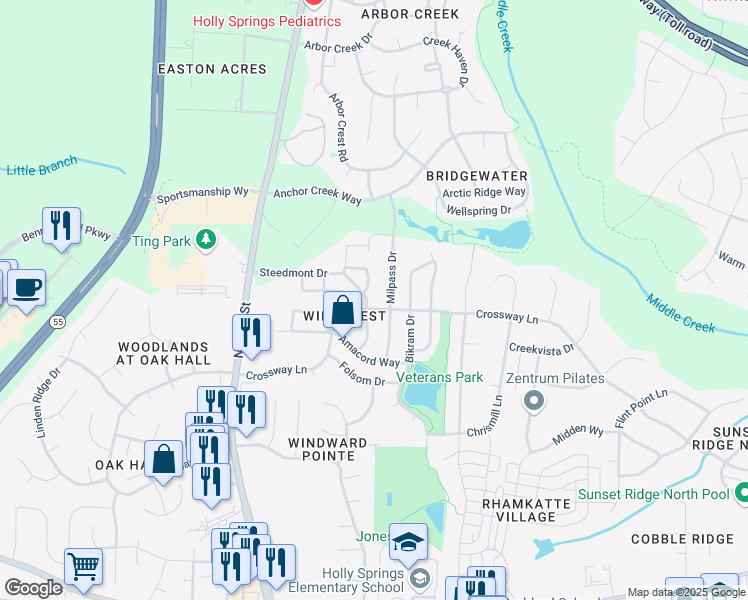 map of restaurants, bars, coffee shops, grocery stores, and more near 504 Steedmont Drive in Holly Springs