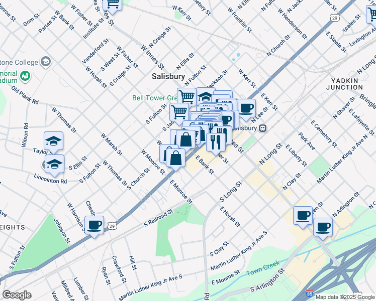 map of restaurants, bars, coffee shops, grocery stores, and more near 300 South Main Street in Salisbury