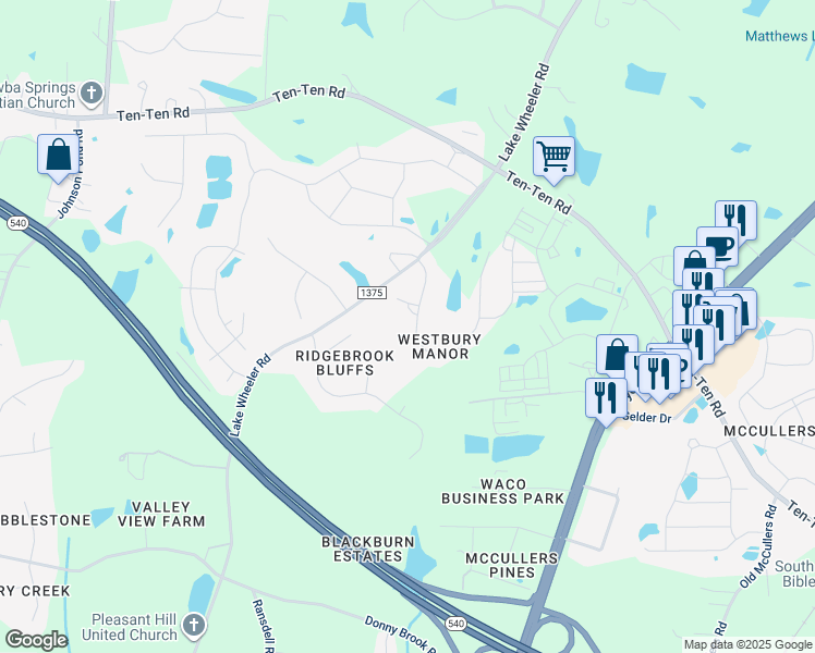 map of restaurants, bars, coffee shops, grocery stores, and more near 3728 Westbury Lake Drive in Raleigh