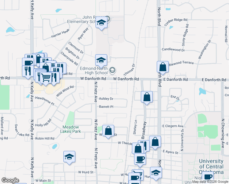 map of restaurants, bars, coffee shops, grocery stores, and more near 209 Ashley Drive in Edmond
