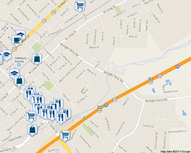 map of restaurants, bars, coffee shops, grocery stores, and more near 710 Hayden Street in Salisbury