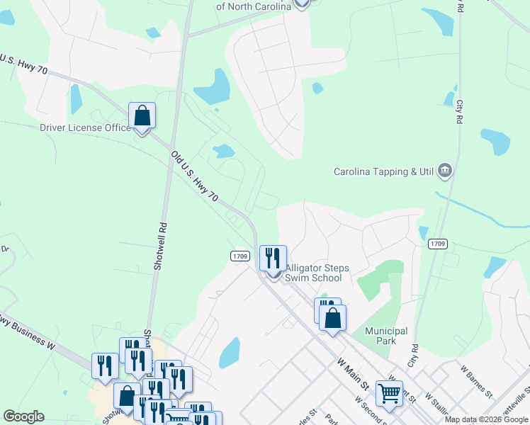 map of restaurants, bars, coffee shops, grocery stores, and more near 1300 Old U.S. Highway 70 in Clayton