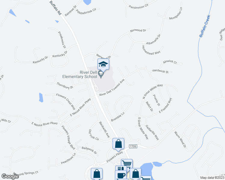 map of restaurants, bars, coffee shops, grocery stores, and more near River Dell Townes Avenue in Johnston County
