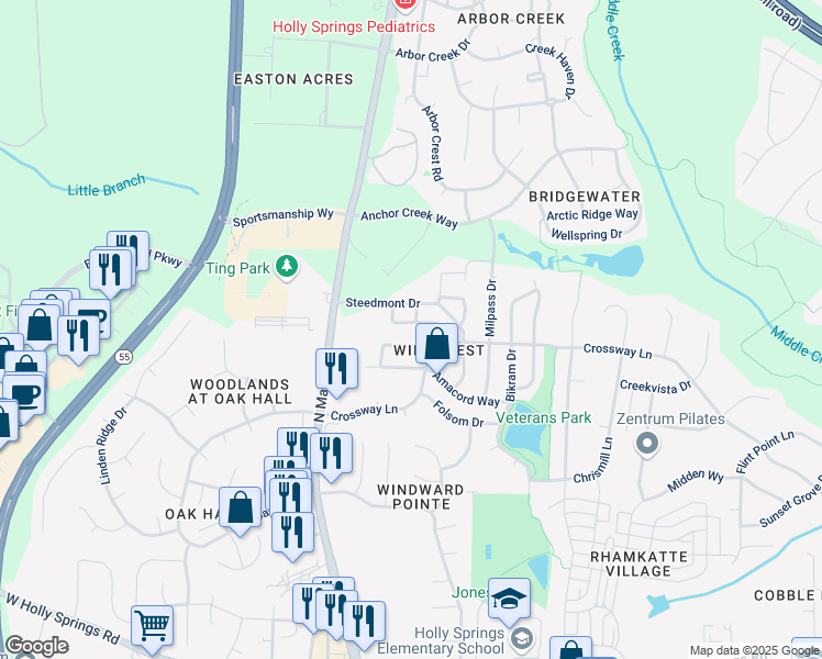 map of restaurants, bars, coffee shops, grocery stores, and more near 148 Trayesan Drive in Holly Springs