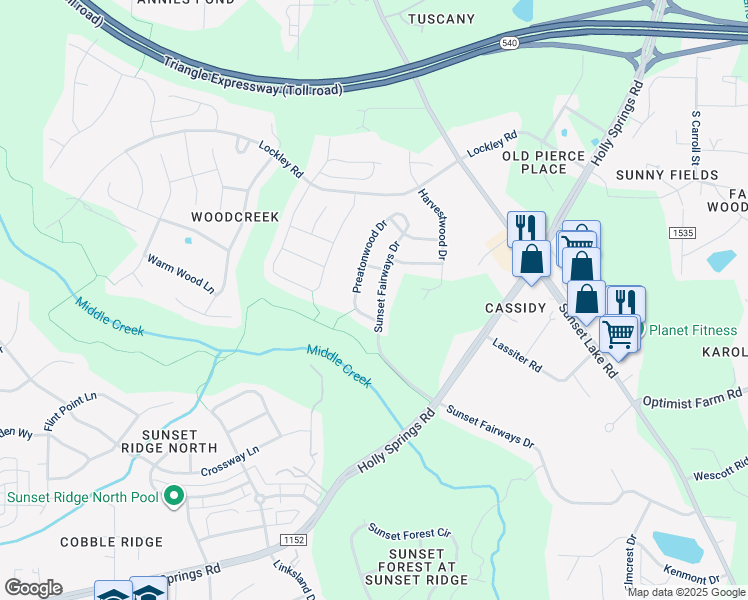 map of restaurants, bars, coffee shops, grocery stores, and more near 4816 Sunset Fairways Drive in Apex