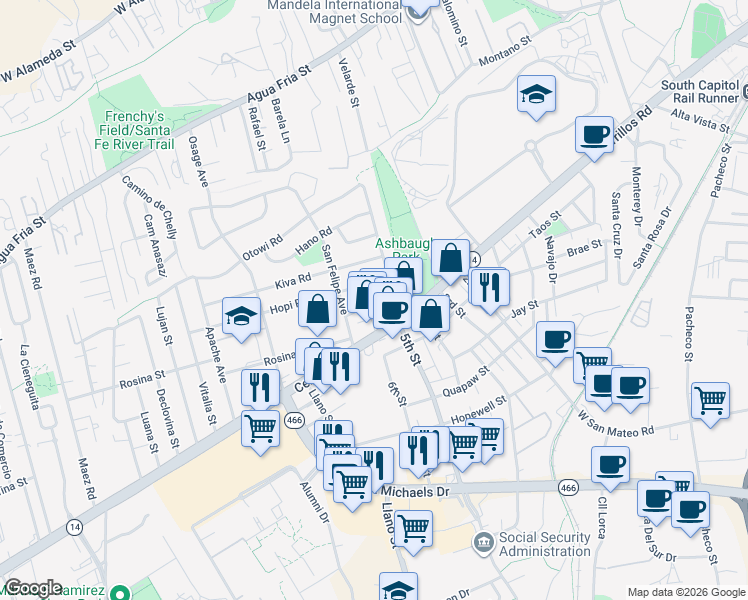 map of restaurants, bars, coffee shops, grocery stores, and more near 1824 Puye Road in Santa Fe