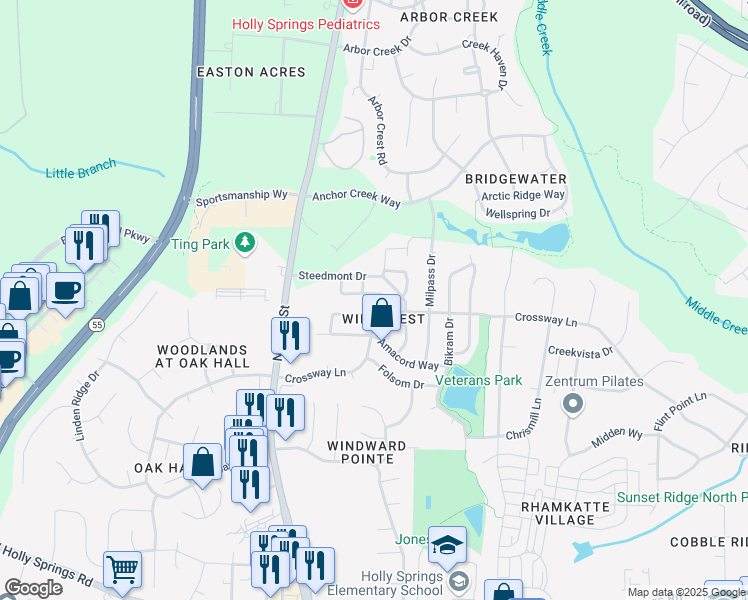 map of restaurants, bars, coffee shops, grocery stores, and more near 212 Trayesan Drive in Holly Springs