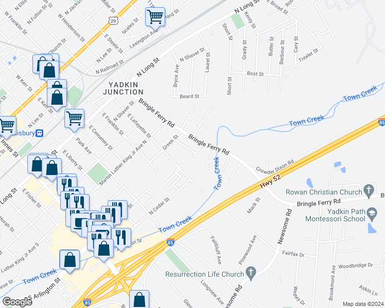 map of restaurants, bars, coffee shops, grocery stores, and more near 915 Reeves Street in Salisbury