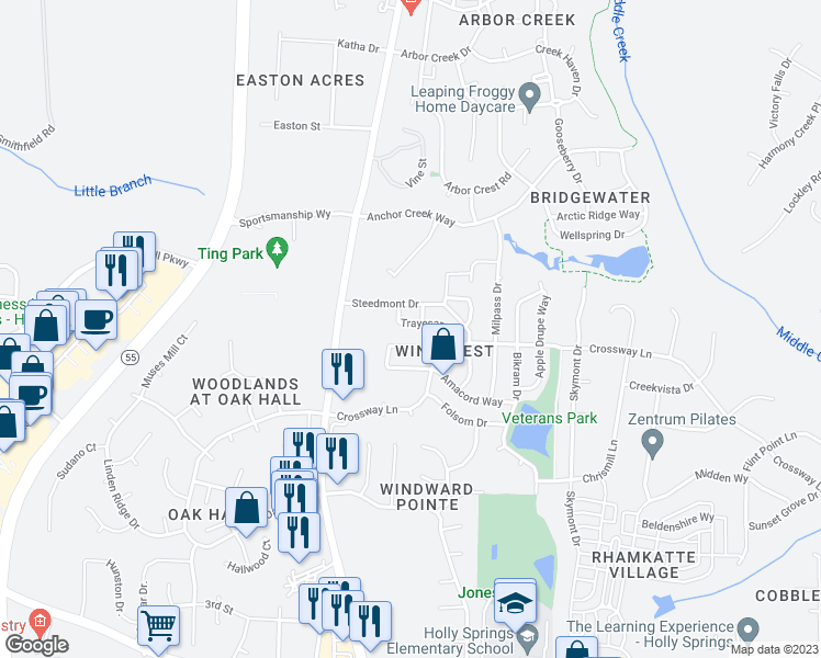 map of restaurants, bars, coffee shops, grocery stores, and more near 140 Trayesan Drive in Holly Springs