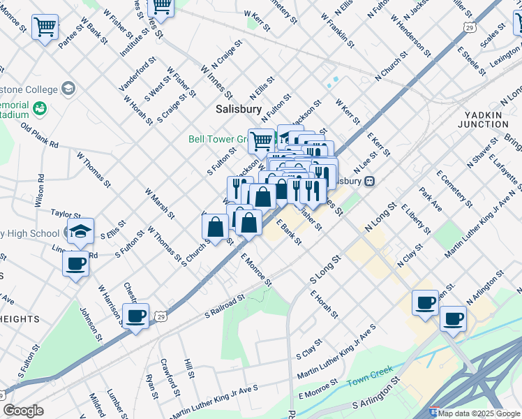 map of restaurants, bars, coffee shops, grocery stores, and more near 322 South Main Street in Salisbury