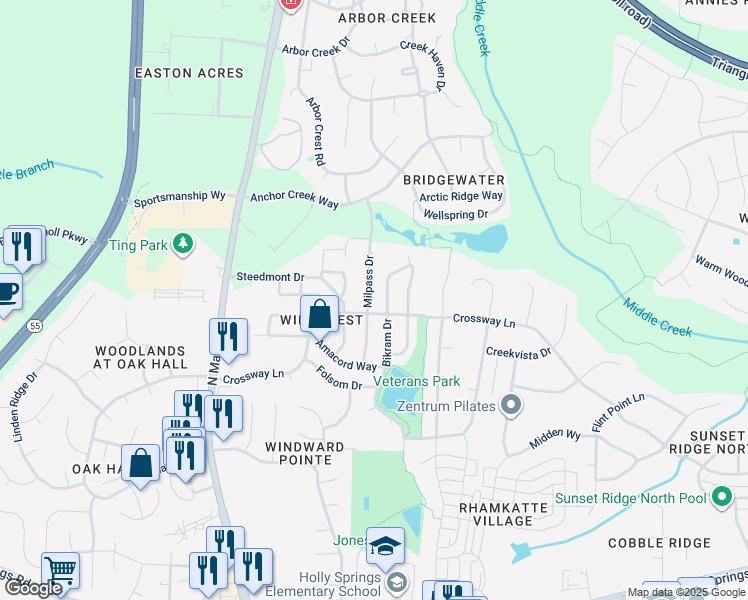map of restaurants, bars, coffee shops, grocery stores, and more near 208 Milpass Drive in Holly Springs