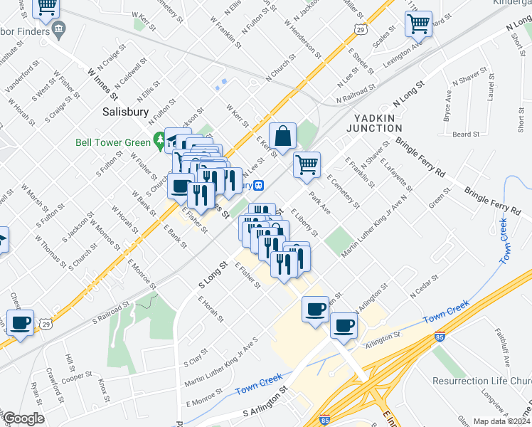 map of restaurants, bars, coffee shops, grocery stores, and more near 204 North Long Street in Salisbury