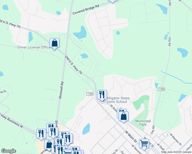 map of restaurants, bars, coffee shops, grocery stores, and more near 1300 Old U.S. Highway 70 in Clayton