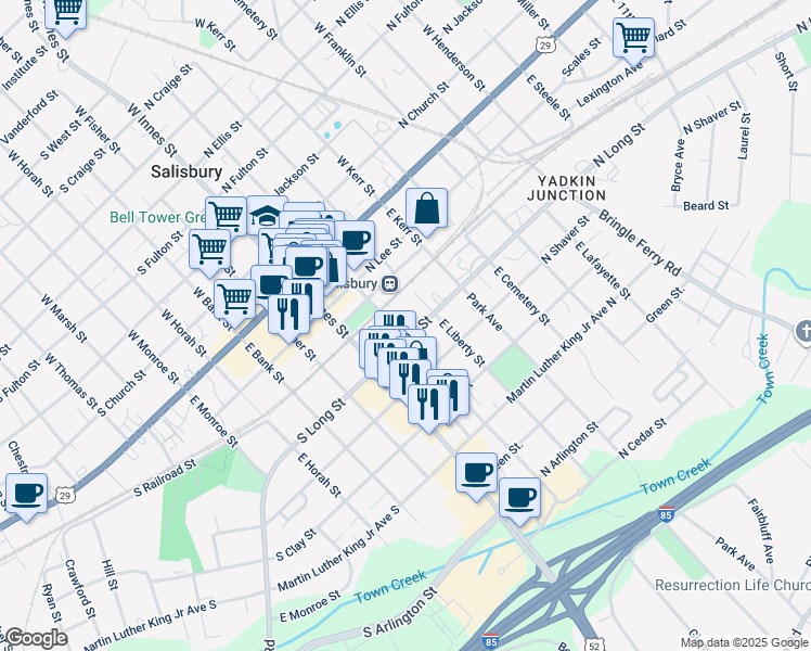 map of restaurants, bars, coffee shops, grocery stores, and more near 106 North Long Street in Salisbury
