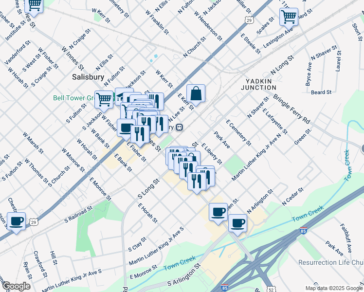 map of restaurants, bars, coffee shops, grocery stores, and more near 322 East Council Street in Salisbury