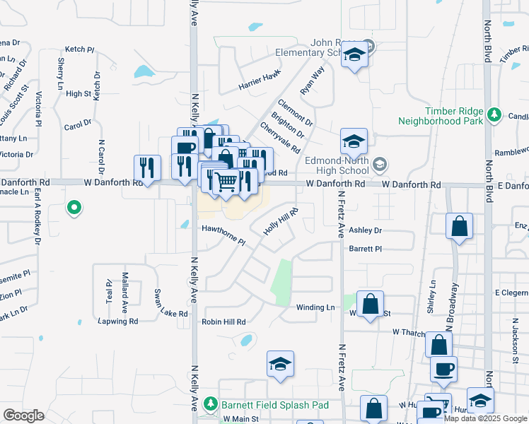 map of restaurants, bars, coffee shops, grocery stores, and more near 535 Wild Wind Road in Edmond