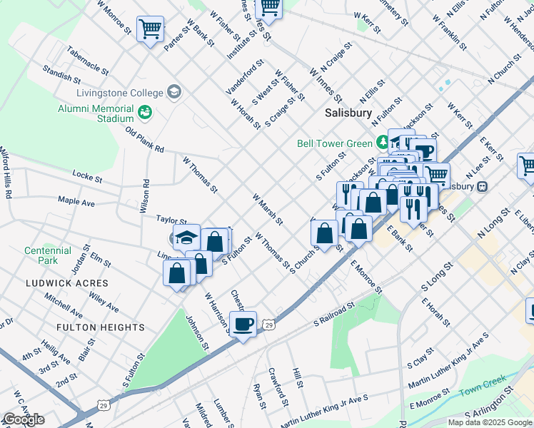 map of restaurants, bars, coffee shops, grocery stores, and more near 618 South Fulton Street in Salisbury