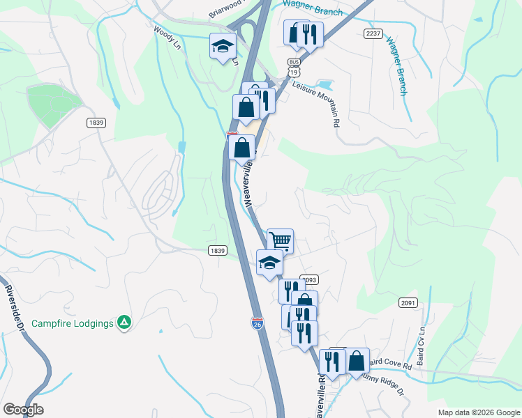 map of restaurants, bars, coffee shops, grocery stores, and more near 415 Weaverville Road in Asheville