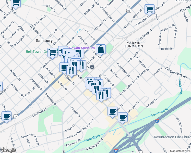map of restaurants, bars, coffee shops, grocery stores, and more near 322 West Council Street in Salisbury