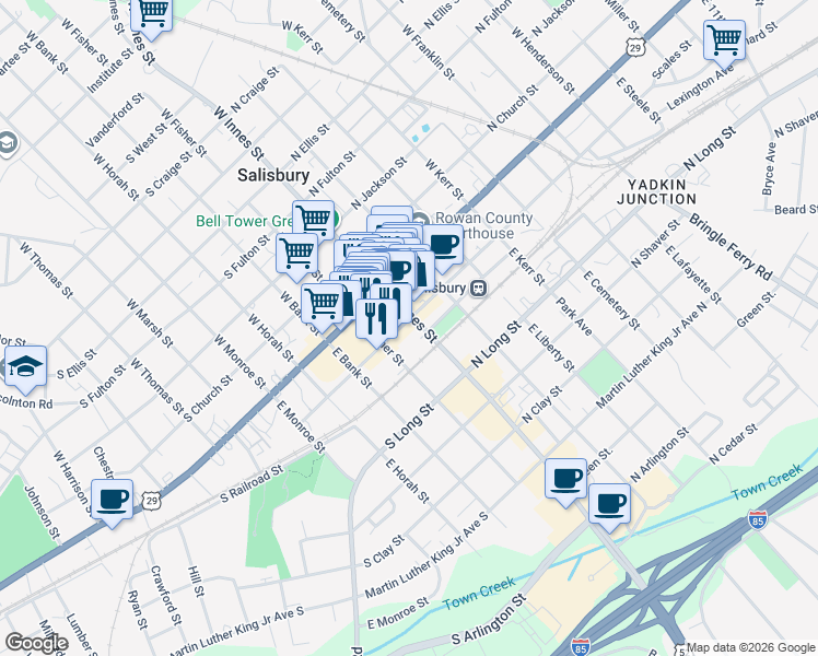map of restaurants, bars, coffee shops, grocery stores, and more near 212 East Fisher Street in Salisbury