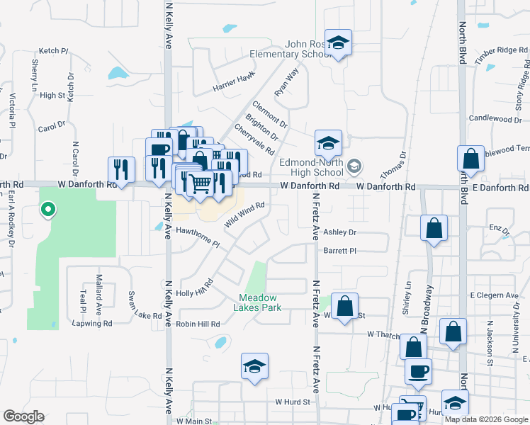 map of restaurants, bars, coffee shops, grocery stores, and more near 1041 Whitehouse Circle in Edmond