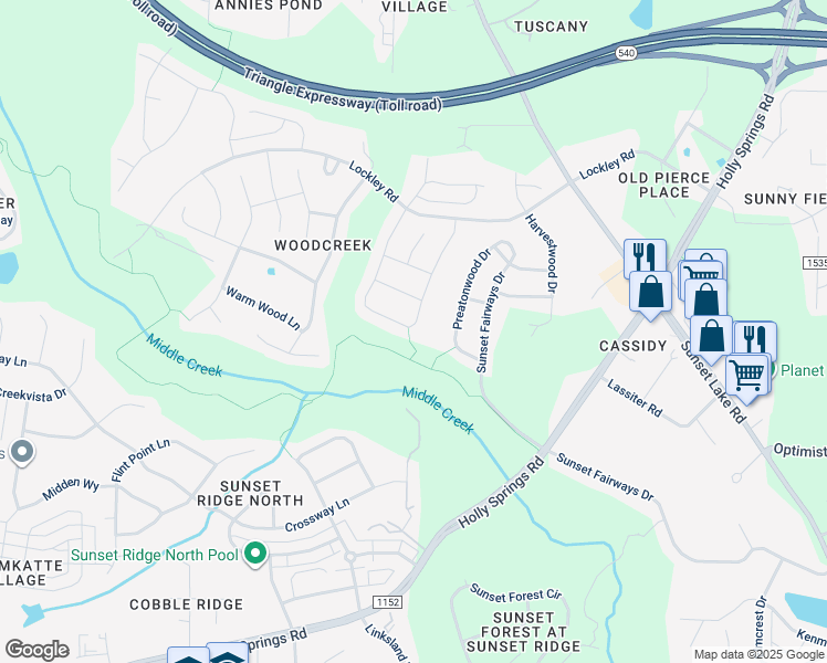 map of restaurants, bars, coffee shops, grocery stores, and more near 317 Canterwood Drive in Apex