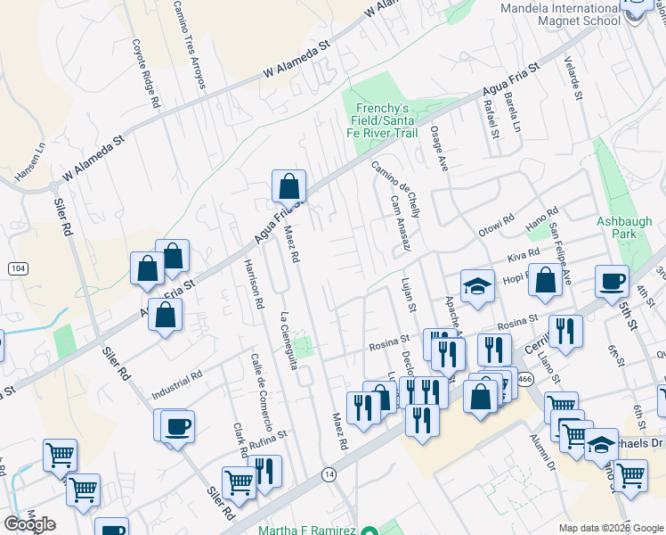map of restaurants, bars, coffee shops, grocery stores, and more near 2503 Gallegos Drive in Santa Fe