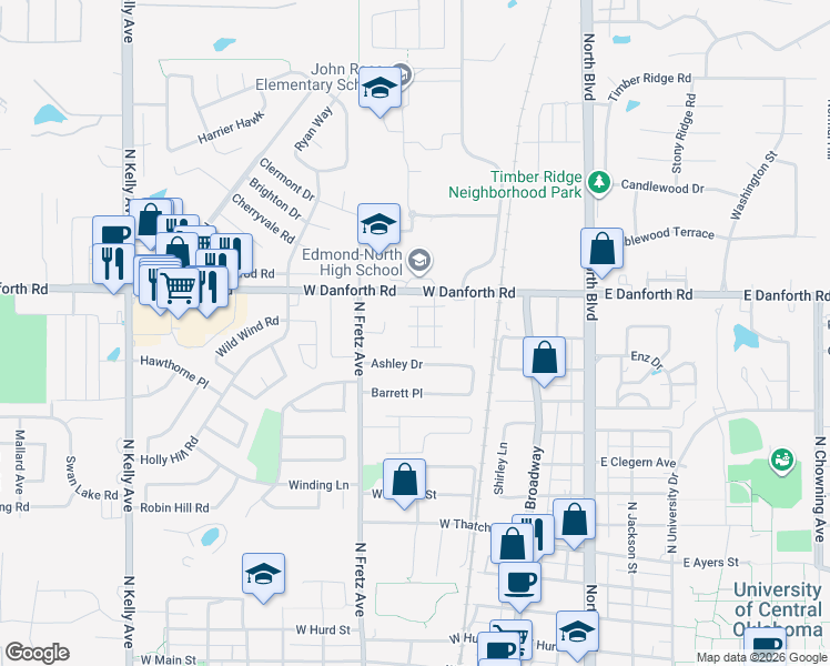 map of restaurants, bars, coffee shops, grocery stores, and more near 209 Ashley Drive in Edmond